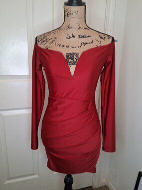 Metallic Red Off Shoulder Plunge V Long Sleeve Bodycon Mini Dress Size M